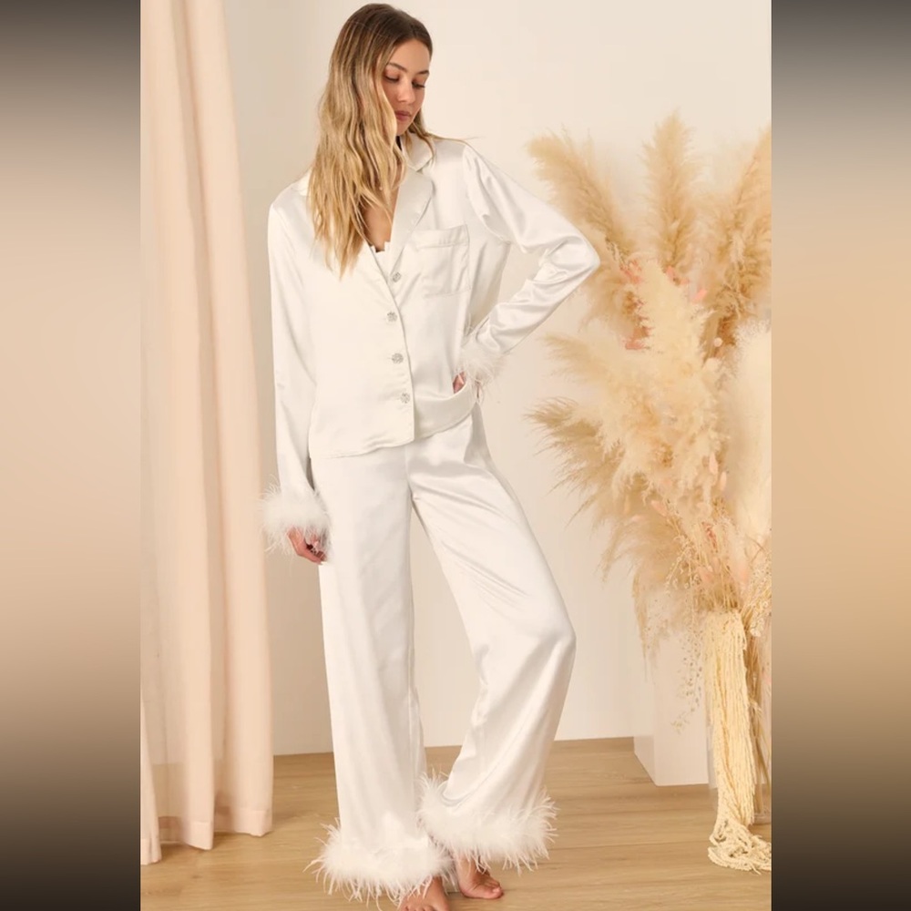 Dreamiest Delight White Satin Feather Two Piece PJ Set
